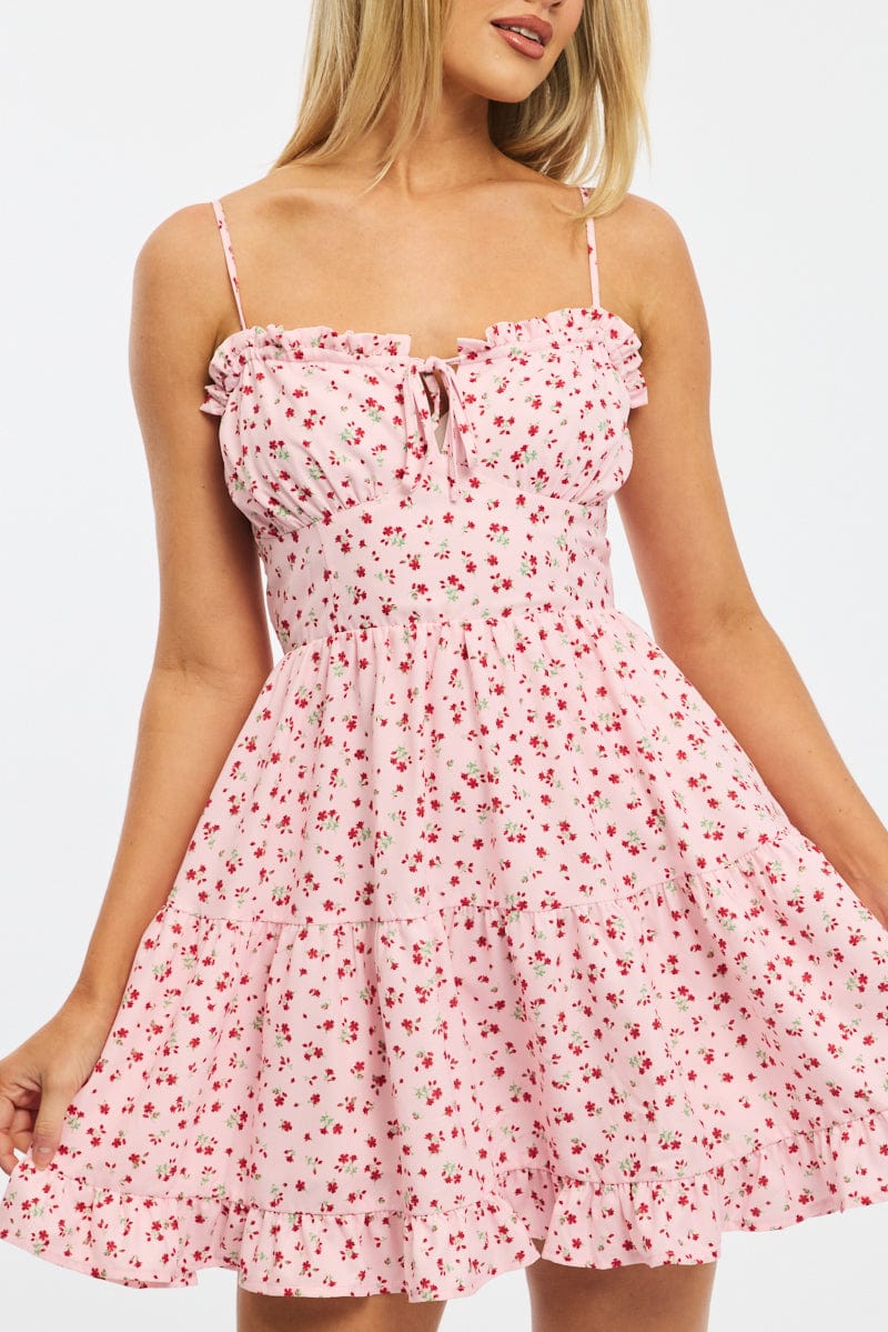 Pink Ditsy Fit And Flare Dress Mini