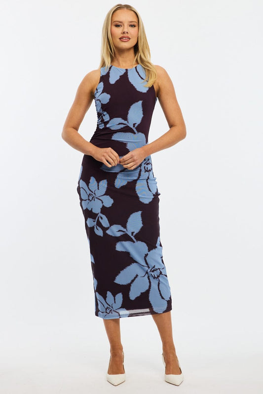 Purple Floral Bodycon Dress Sleeveless Mesh