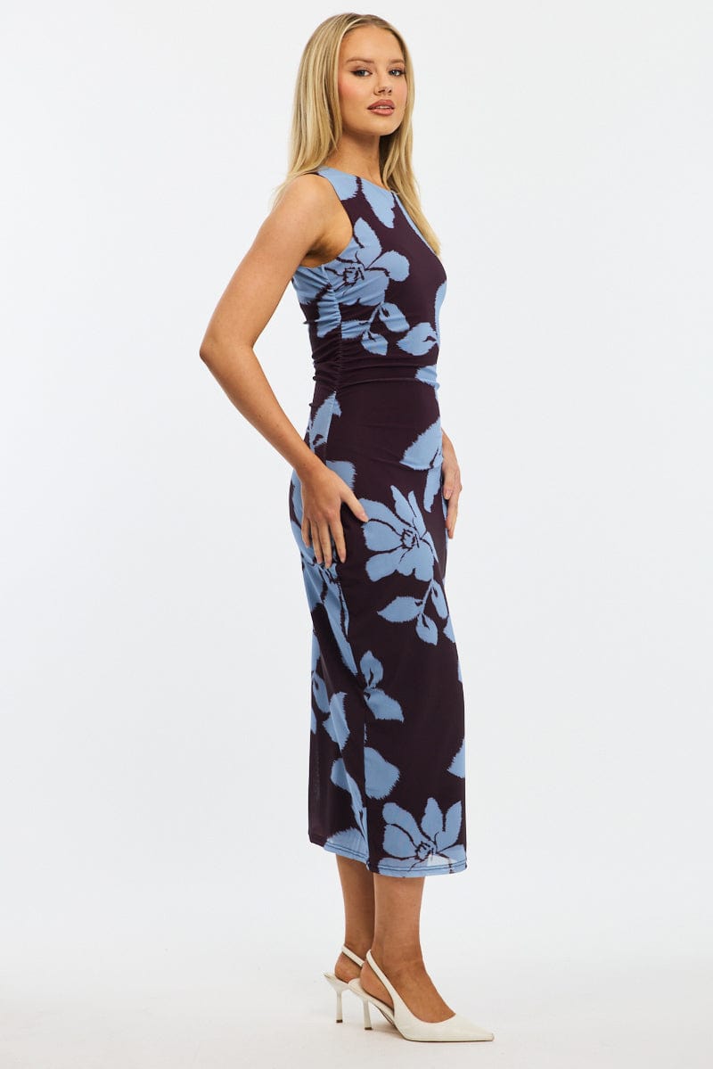 Purple Floral Bodycon Dress Sleeveless Mesh