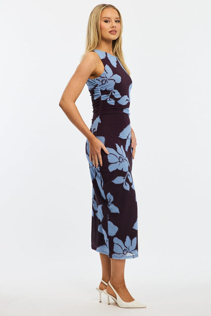 Purple Floral Bodycon Dress Sleeveless Mesh