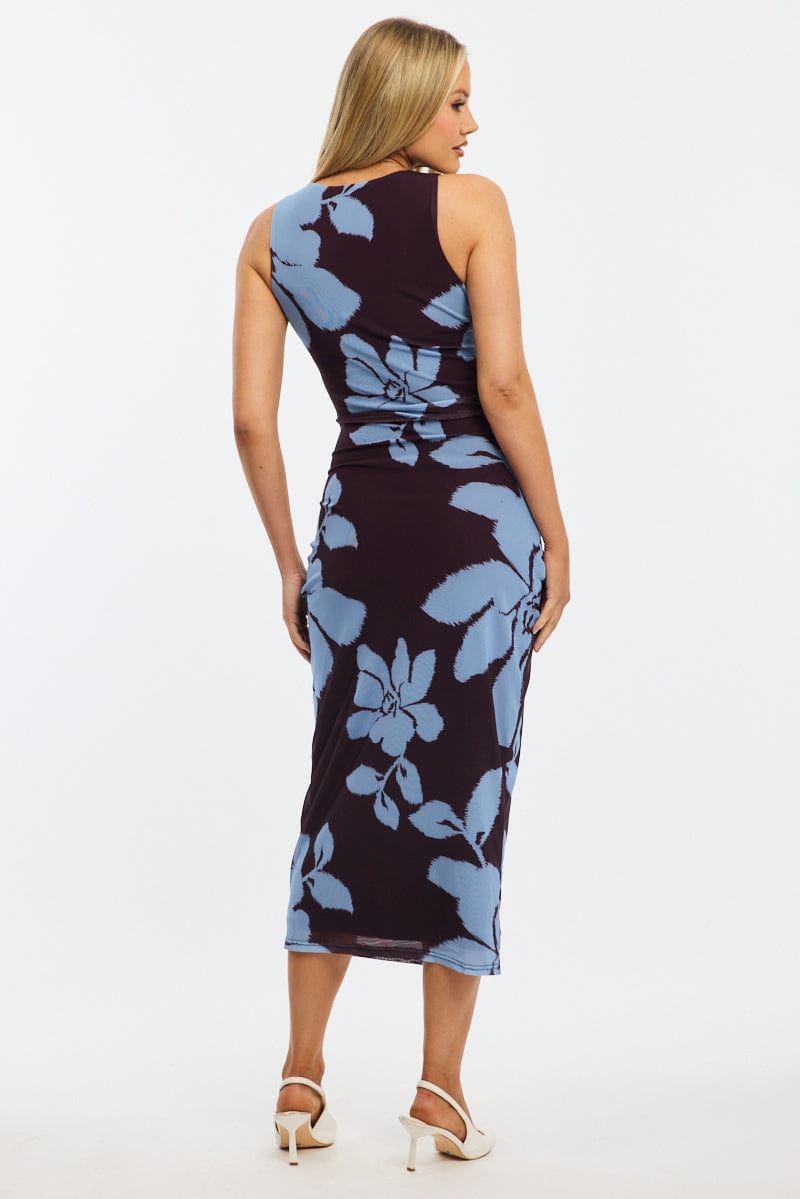 Purple Floral Bodycon Dress Sleeveless Mesh
