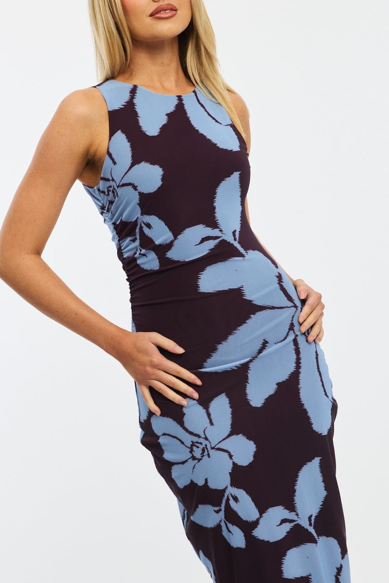 Purple Floral Bodycon Dress Sleeveless Mesh