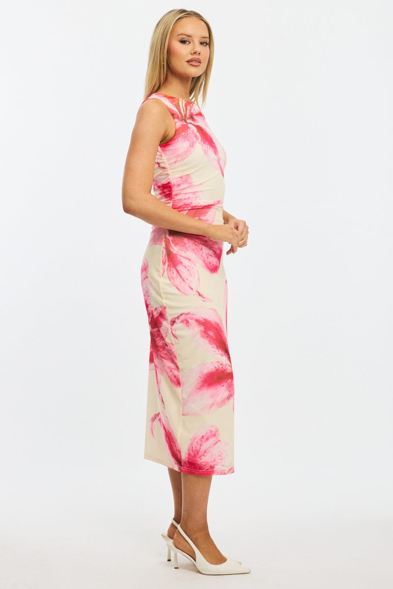 Pink Floral Bodycon Dress Sleeveless Mesh