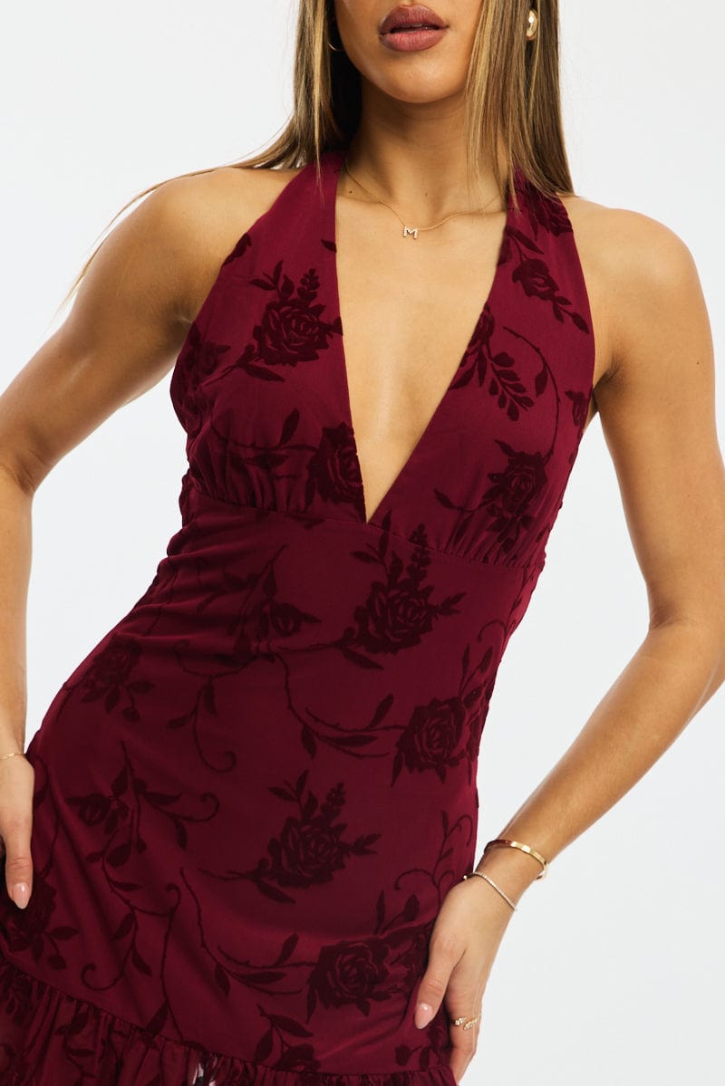 Red Halter Neck Mini Dress Burnout