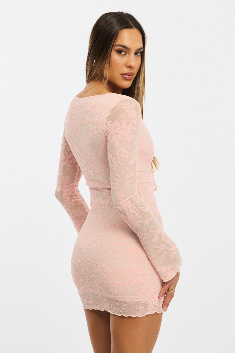 Pink Bodycon Dress Mini Long Sleeve Burnout