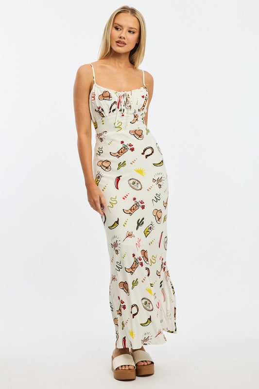 Multi Abstract Midi Dress Gathering Bust Sleeveless