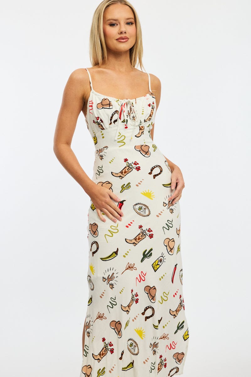 Multi Abstract Midi Dress Gathering Bust Sleeveless