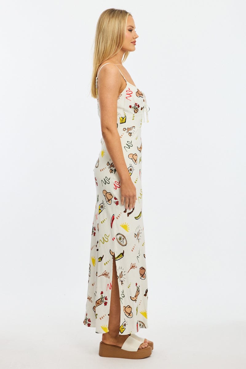 Multi Abstract Midi Dress Gathering Bust Sleeveless