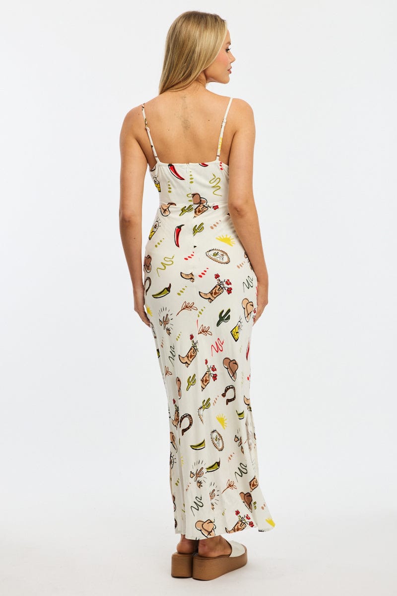 Multi Abstract Midi Dress Gathering Bust Sleeveless