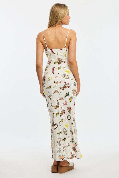 Multi Abstract Midi Dress Gathering Bust Sleeveless