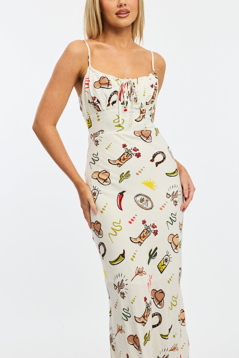 Multi Abstract Midi Dress Gathering Bust Sleeveless
