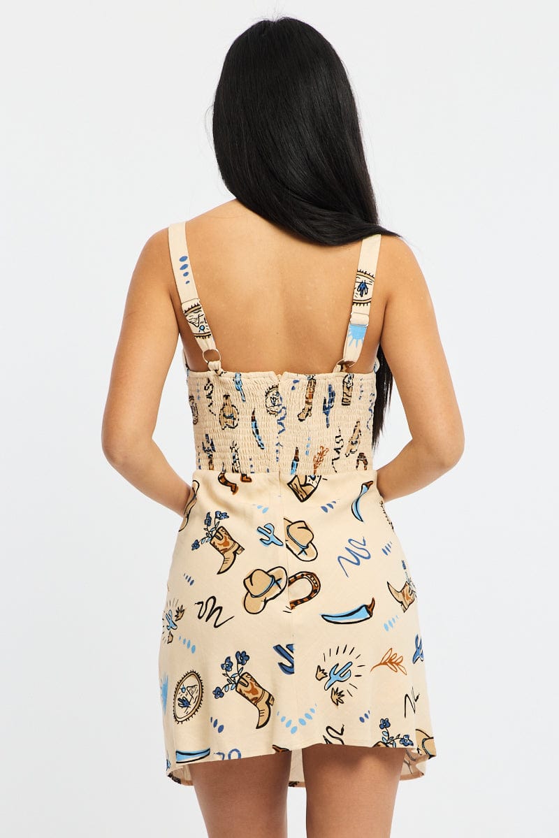 Beige Abstract Mini Dress Sleeveless
