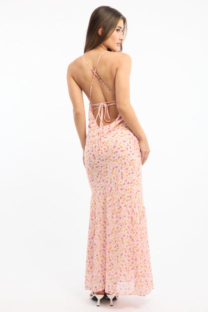 Pink Ditsy Maxi Dress Cowl Neck
