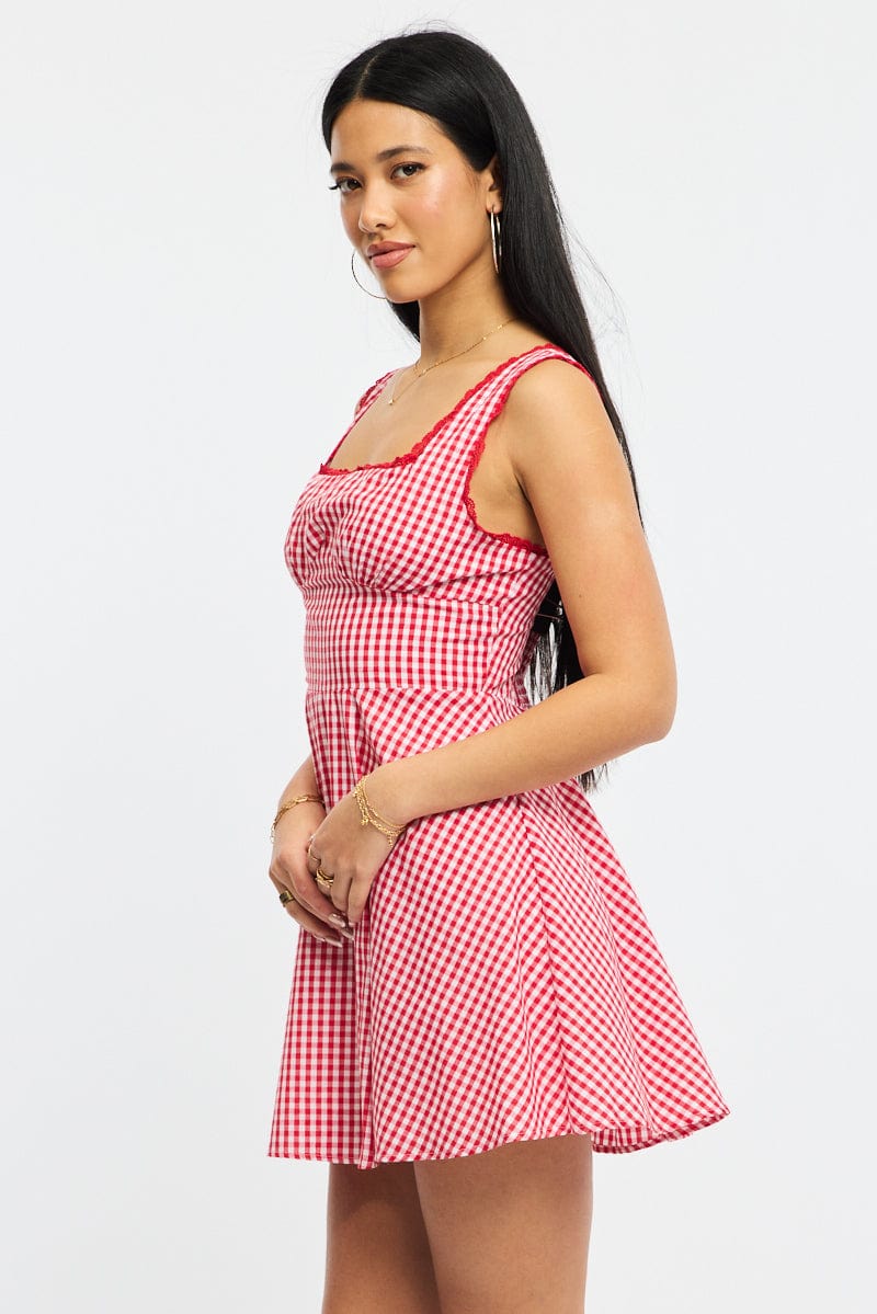 Red Check Mini Dress Sleeveless