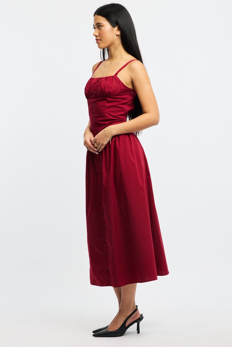 Red Midi Dress Sleeveless Poplin